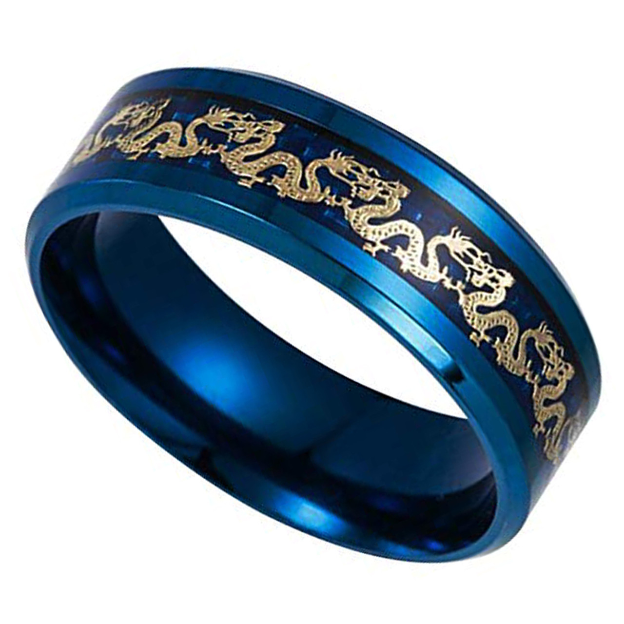 (8mm) Unisex or Men's Steel Wedding Ring Band. Blue Ring with Gold ...