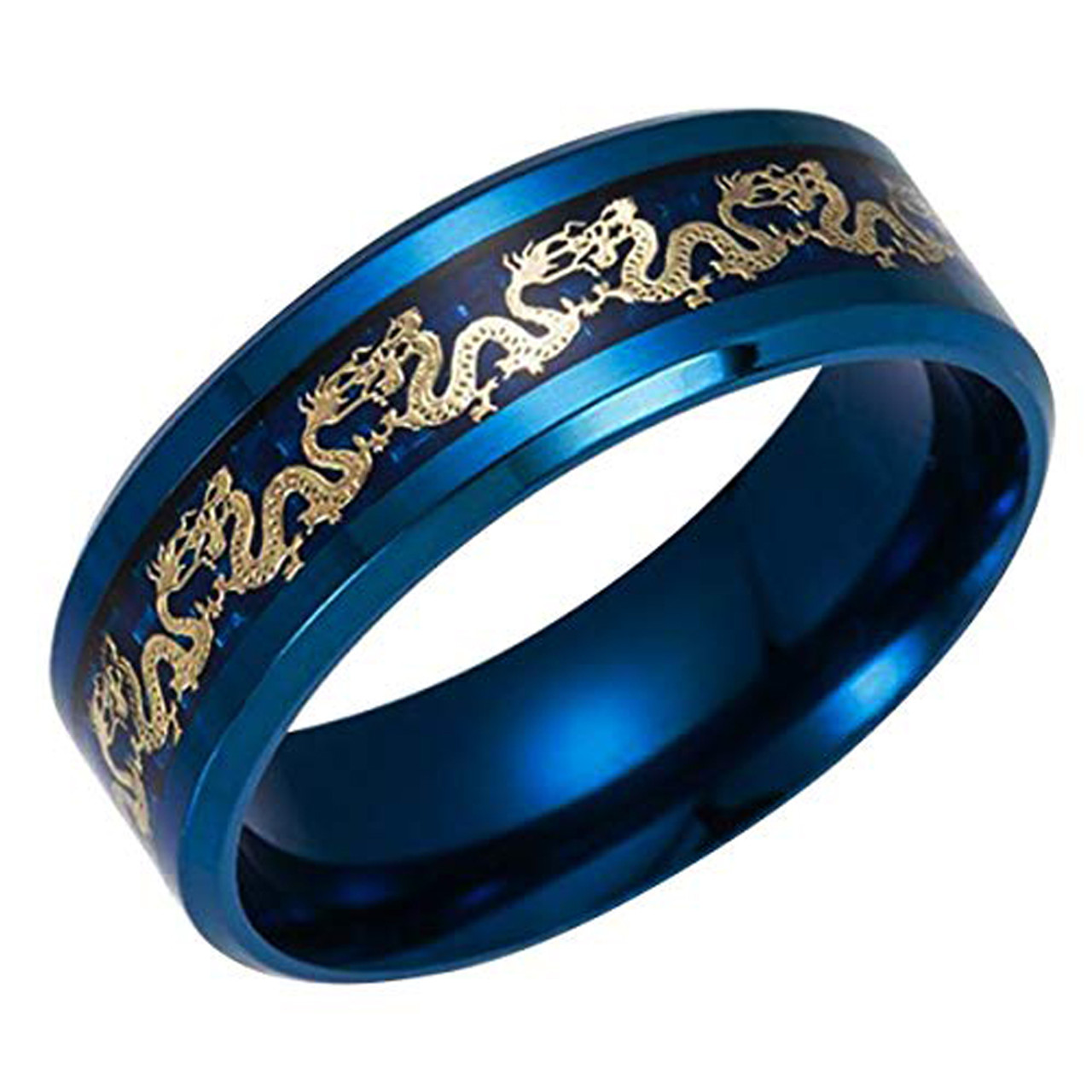 (8mm) Unisex or Men's Steel Wedding Ring Band. Blue Ring with Gold Dragon over Blue Carbon Fiber inlay.