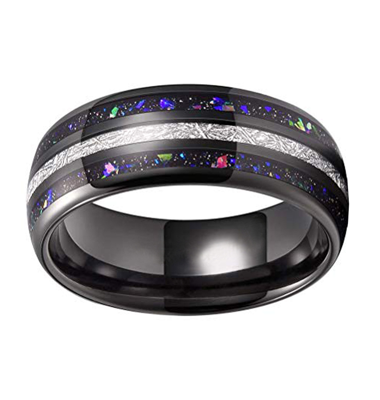 (8mm)  Unisex or Men's Tungsten Carbide Wedding ring bands. Black Tone Meteorite Ring with Multi Color Rainbow Opal Inlay Ring (Organic colors)