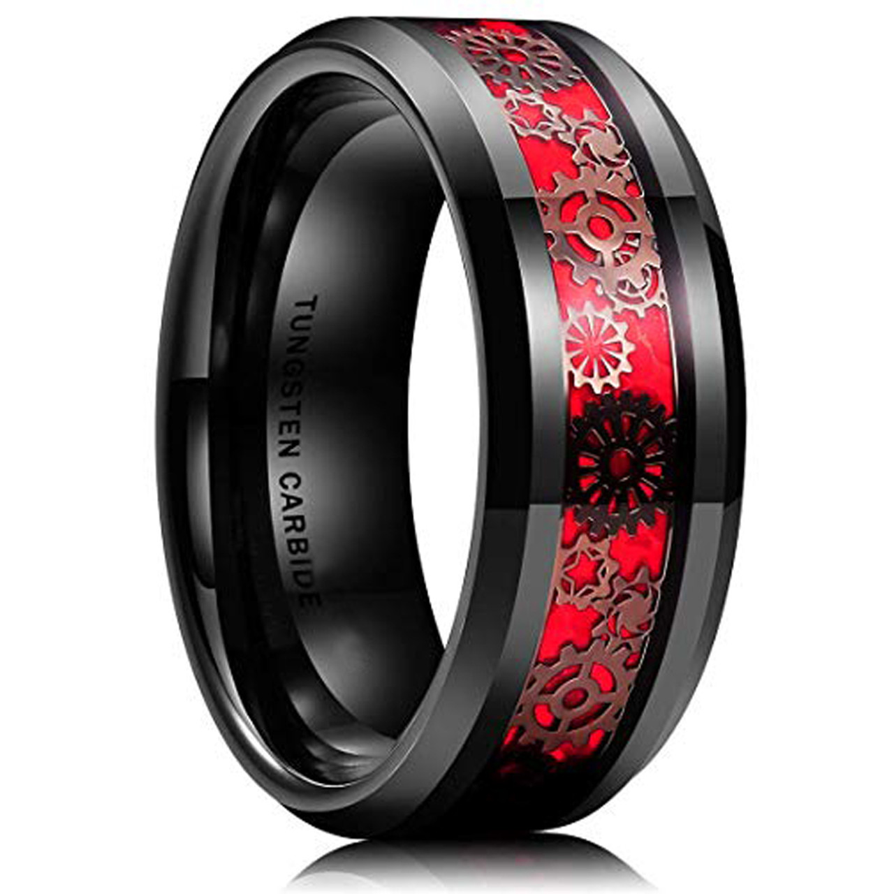 (8mm) Unisex or Men's Tungsten Carbide Wedding Ring Band. Black with Dark Color Watch Gear Resin Design Over Red Opal Style Inlay.