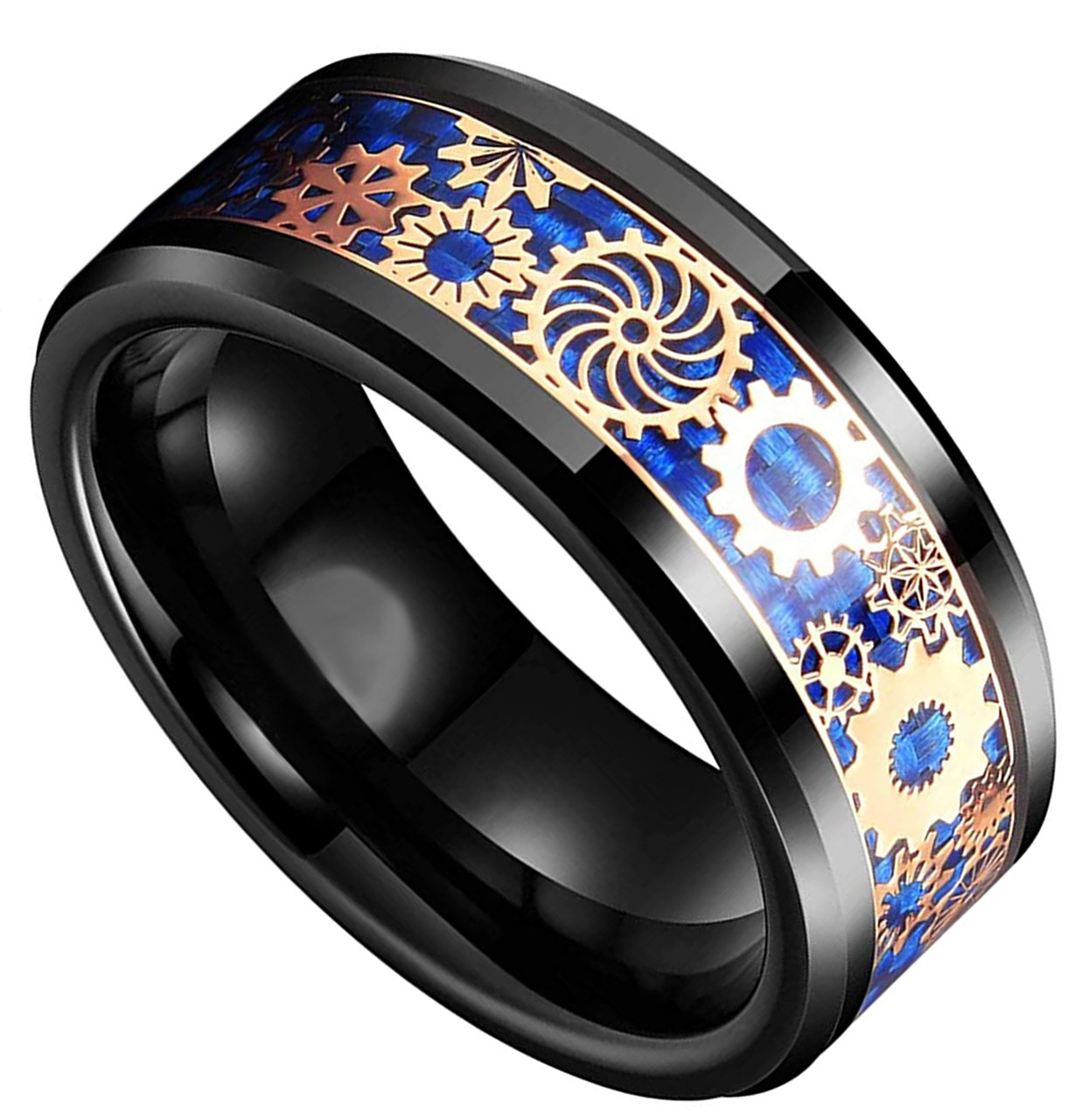 (6mm) Unisex or Women's Tungsten Carbide Wedding Ring Band. Black with Rose Gold Watch Gear Resin Inlay Design Over Blue Carbon Fiber.