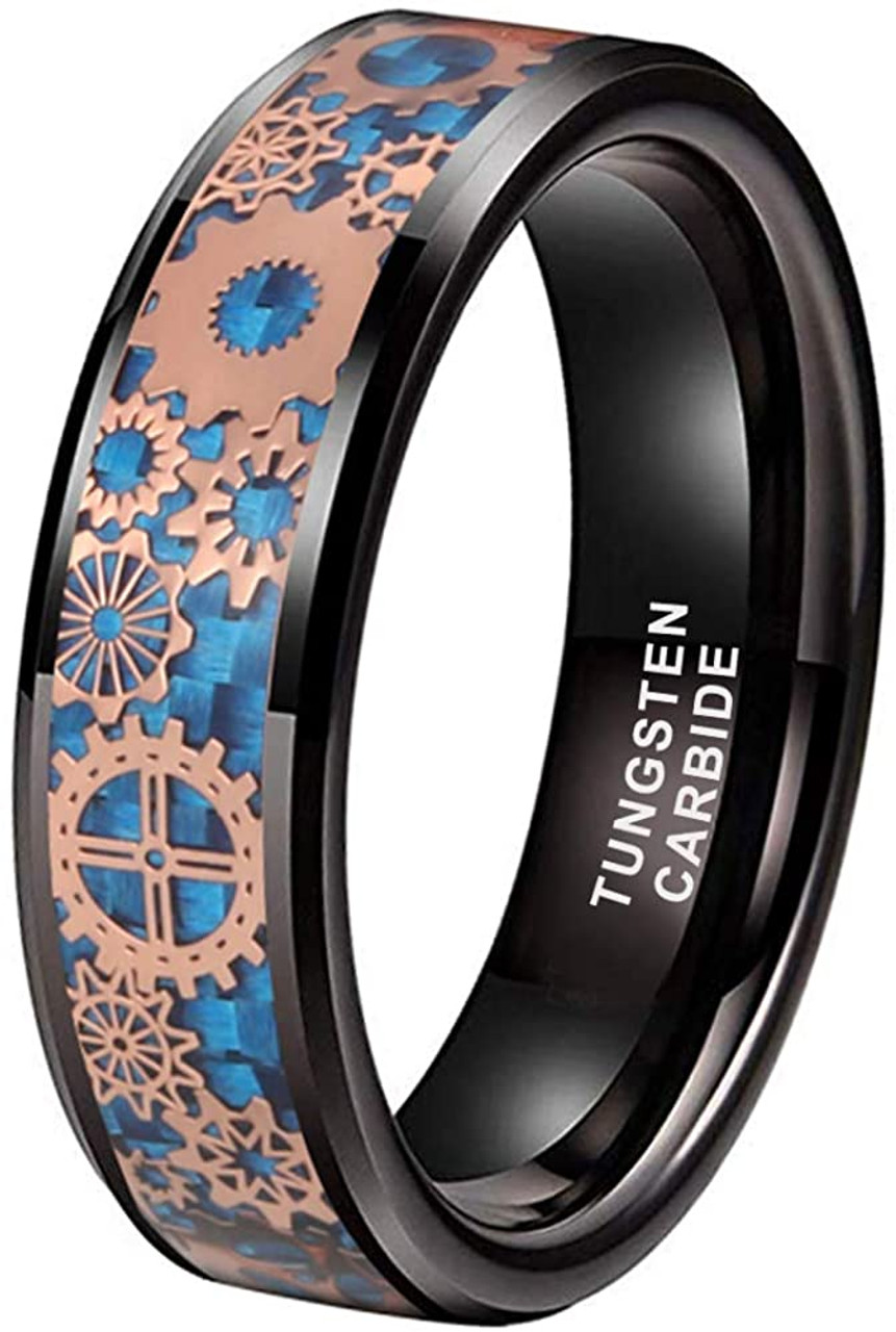 (6mm) Unisex or Women's Tungsten Carbide Wedding Ring Band. Black with Rose Gold Watch Gear Resin Inlay Design Over Blue Carbon Fiber.