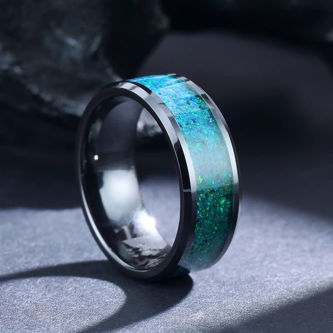 (8mm) Unisex or Men's Ceramic Wedding Ring Bands. Black Ring with Green Blue Opal Inlay.