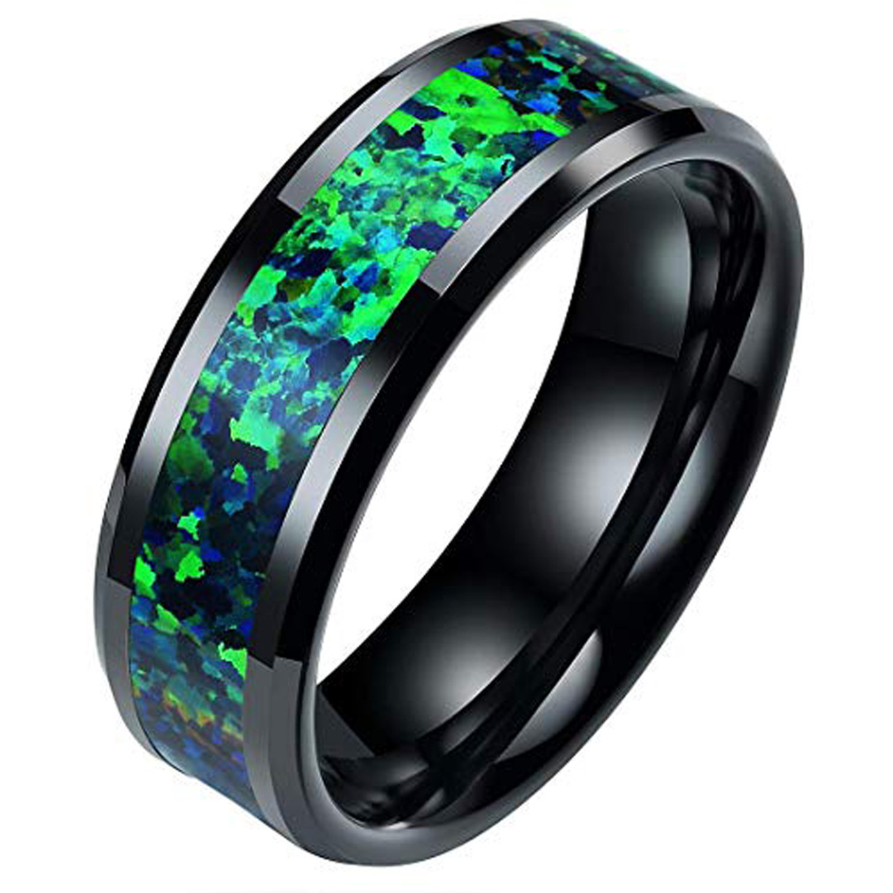 (8mm) Unisex or Men's Ceramic Wedding Ring Bands. Black Ring with Green Blue Opal Inlay.