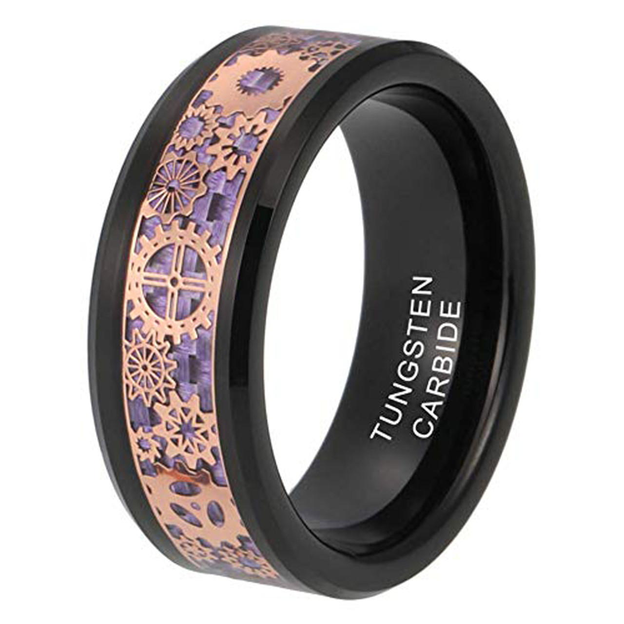 (8mm) Unisex or Men's Tungsten Carbide Wedding ring band. Wedding ring band Violet Purple Carbon Fiber Inlay Black Band with Rose Gold Mechanical Gears. Tungsten Carbide Ring
