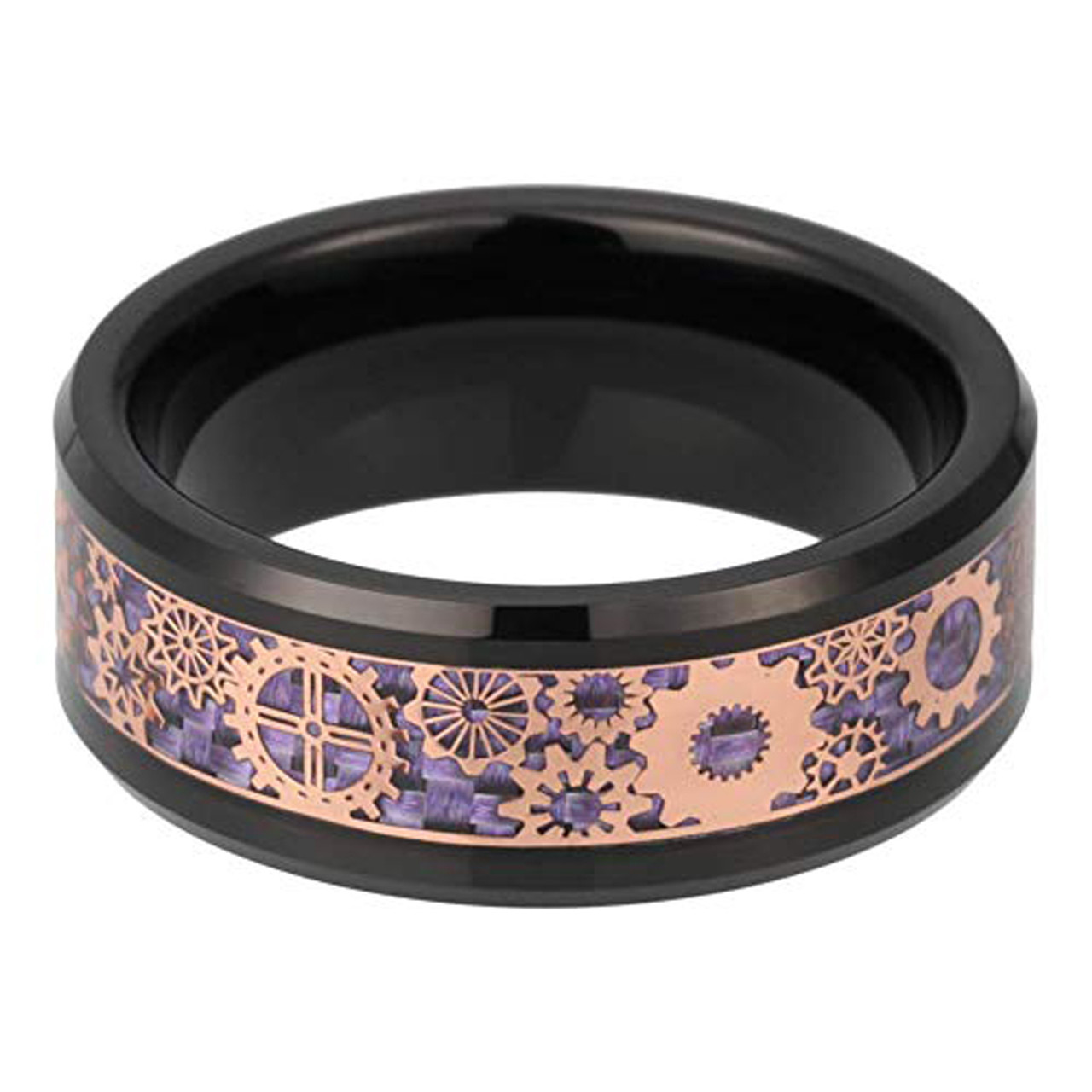 (8mm) Unisex or Men's Tungsten Carbide Wedding ring band. Wedding ring band Violet Purple Carbon Fiber Inlay Black Band with Rose Gold Mechanical Gears. Tungsten Carbide Ring