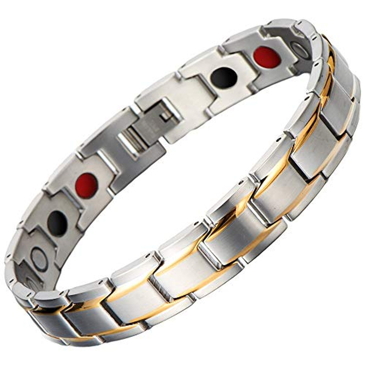 8.25" Inch Length -  Men's Stainless Steel Magnetic Bracelet - Silver with Gold Stripes - Magnetic Stainless Steel Mens Link Bracelet