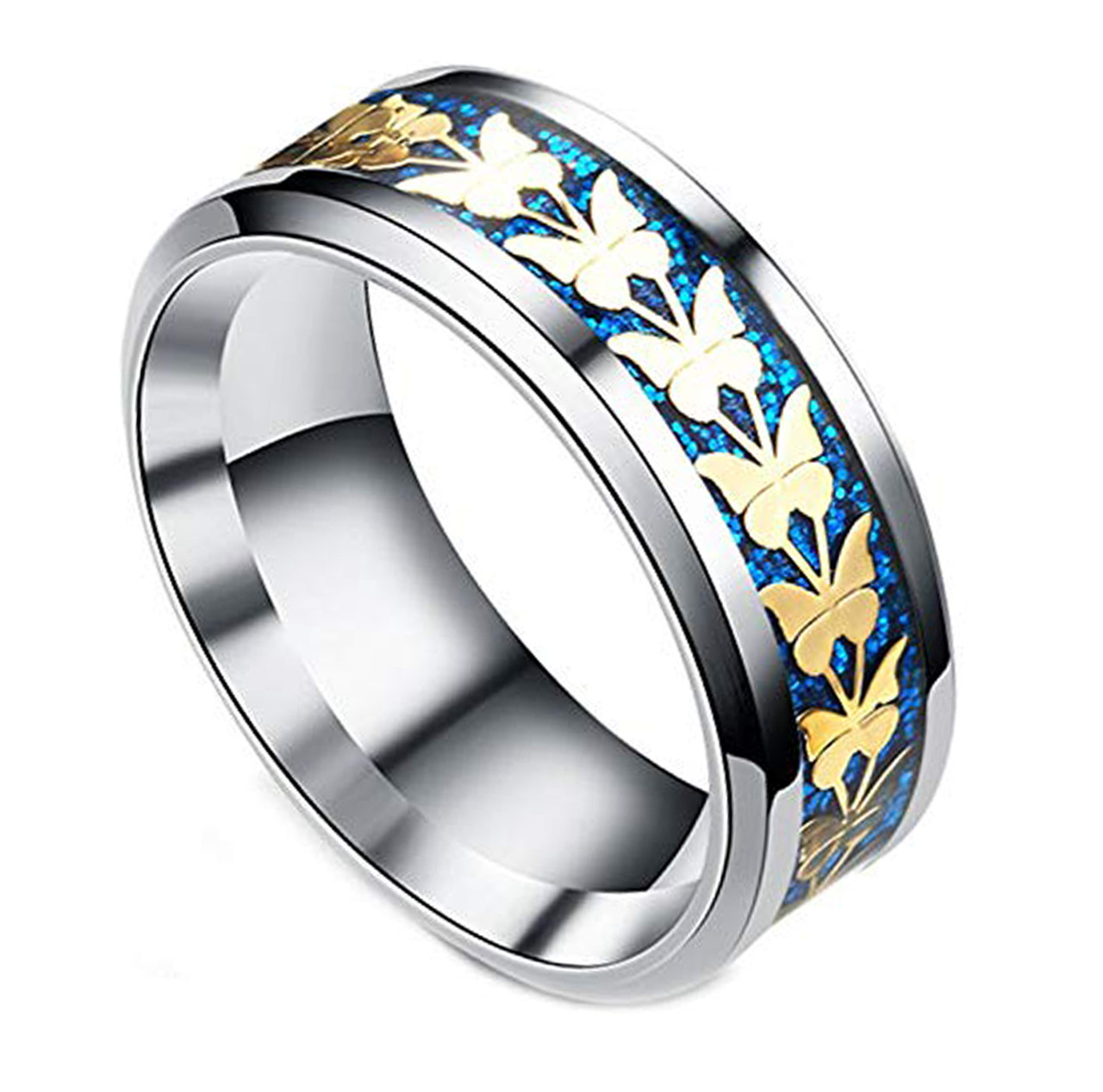 (8mm) Unisex, Women's or Men's Butterfly Tungsten Carbide Wedding ring band. Silver Steel Ring with Butterflies over Blue Sandy Inlay