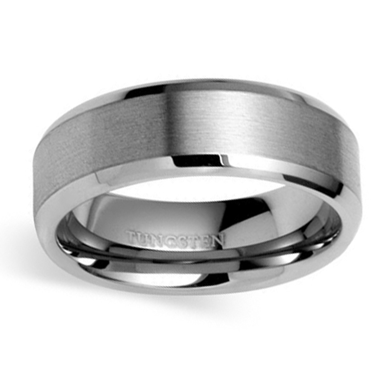 (8mm) Unisex or Men's Silver Tone Tungsten Carbide Wedding Ring Bands. Matte Finish with Beveled Edges and Comfort Fit.