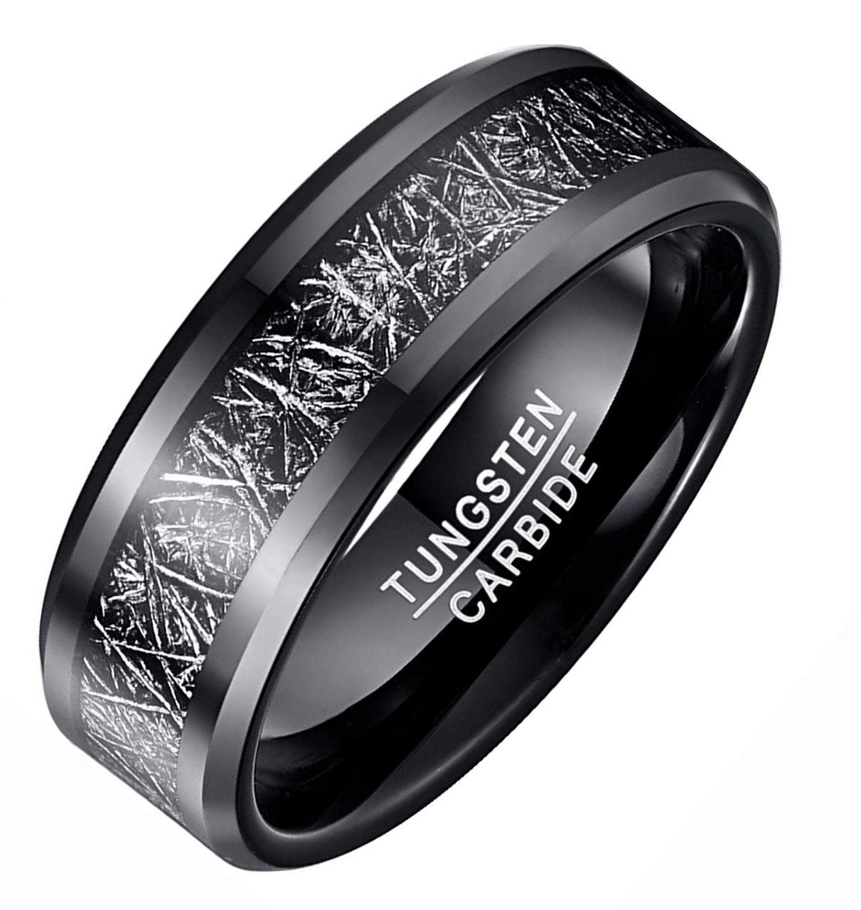 (8mm) Unisex or Men's Tungsten Carbide Wedding Ring Band. Black Band with Inspired Meteorite (Dark Branches Design).