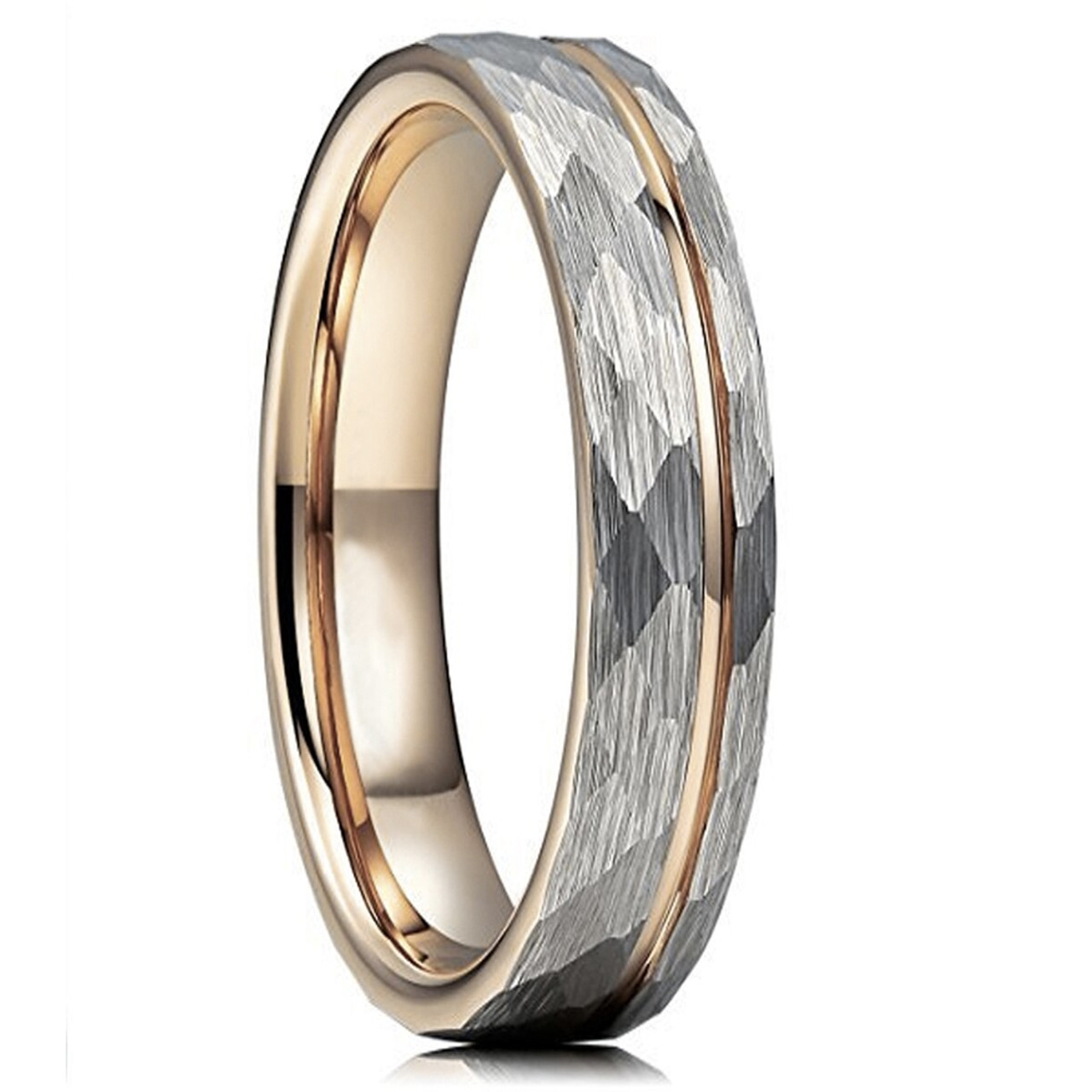 (4mm)  Women's Tungsten Carbide Wedding ring band. Hammered Brushed Silver Tungsten Carbide Ring with Rose Gold Interior and Stripe Design