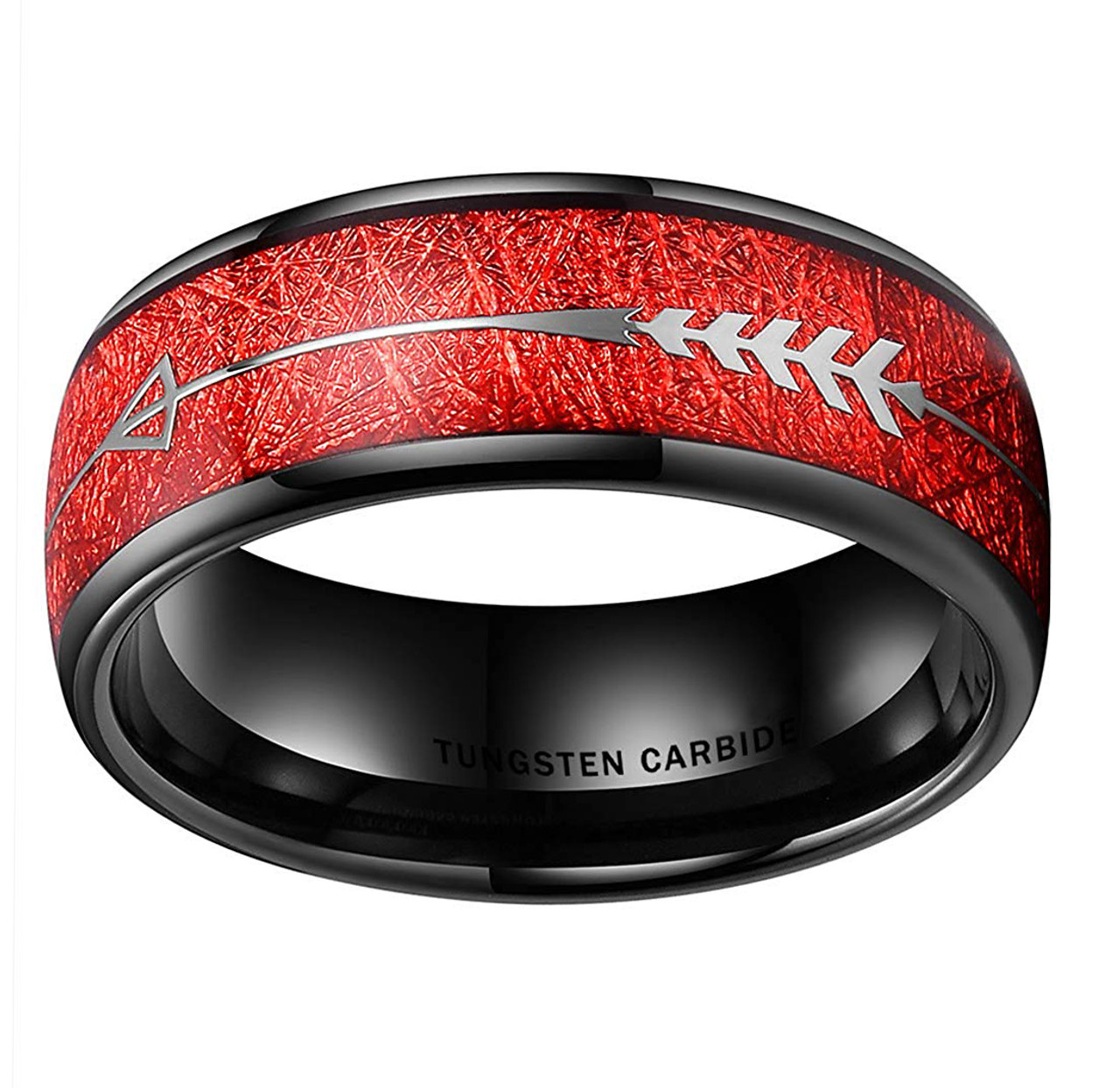 (8mm) Unisex or Men's Tungsten Carbide Wedding ring bands. Black Tone Ring with Cupid's Arrow over Red Inspired Meteorite Inlay. Tungsten Carbide Domed Top Ring.