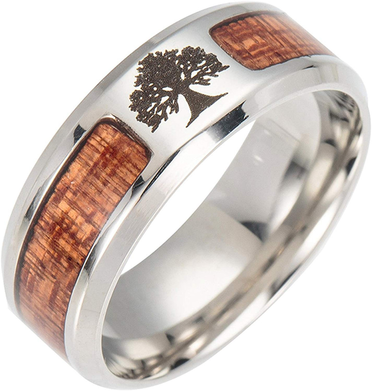 (8mm) Unisex or Men's Stainless Steel Wedding ring bands. Tree of Life Ring with Wood Inlay. Comfort Fit. Great for Outdoor Men, Hunters, etc.