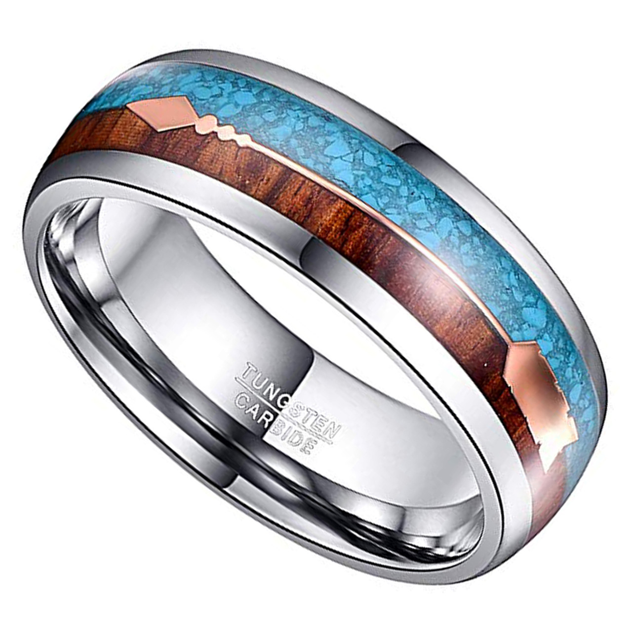 (8mm) Unisex or Men's Tungsten Carbide Wedding ring bands. Silver Tone Band with Cupid's Arrow over Wood and Blue Turquoise Inlay. Tungsten Carbide Domed Top Ring.