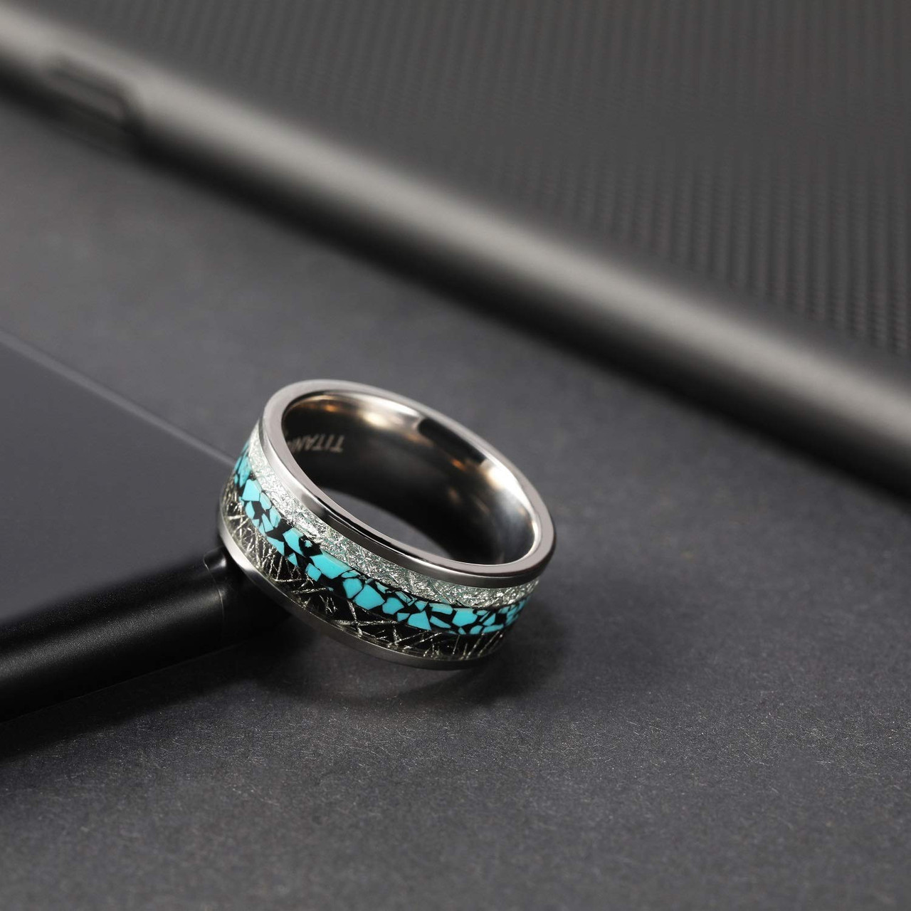 (8mm) Unisex or Men's Titanium Wedding Ring Band. Silver band with Triple Color Turquoise and Duo Inspired Meteorite Inlay. Light Weight and Comfort Fit. 