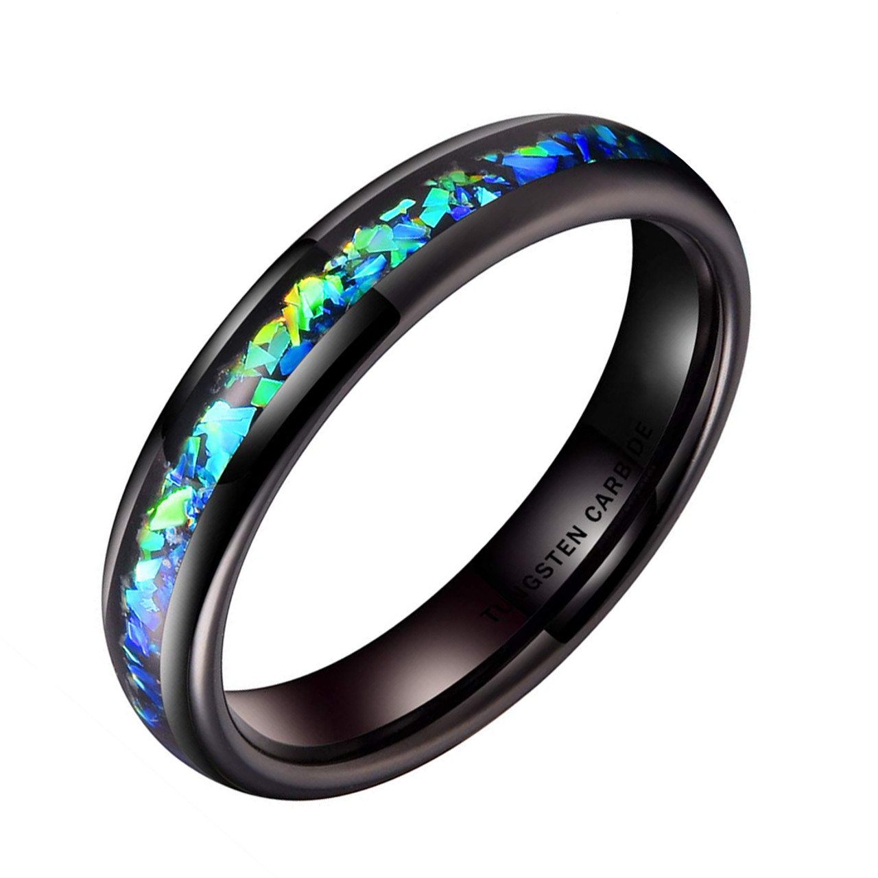 (4mm) Women's Tungsten Carbide Wedding Ring Band - Black Tone with Vibrant Blue and Green Inlay Ring. 