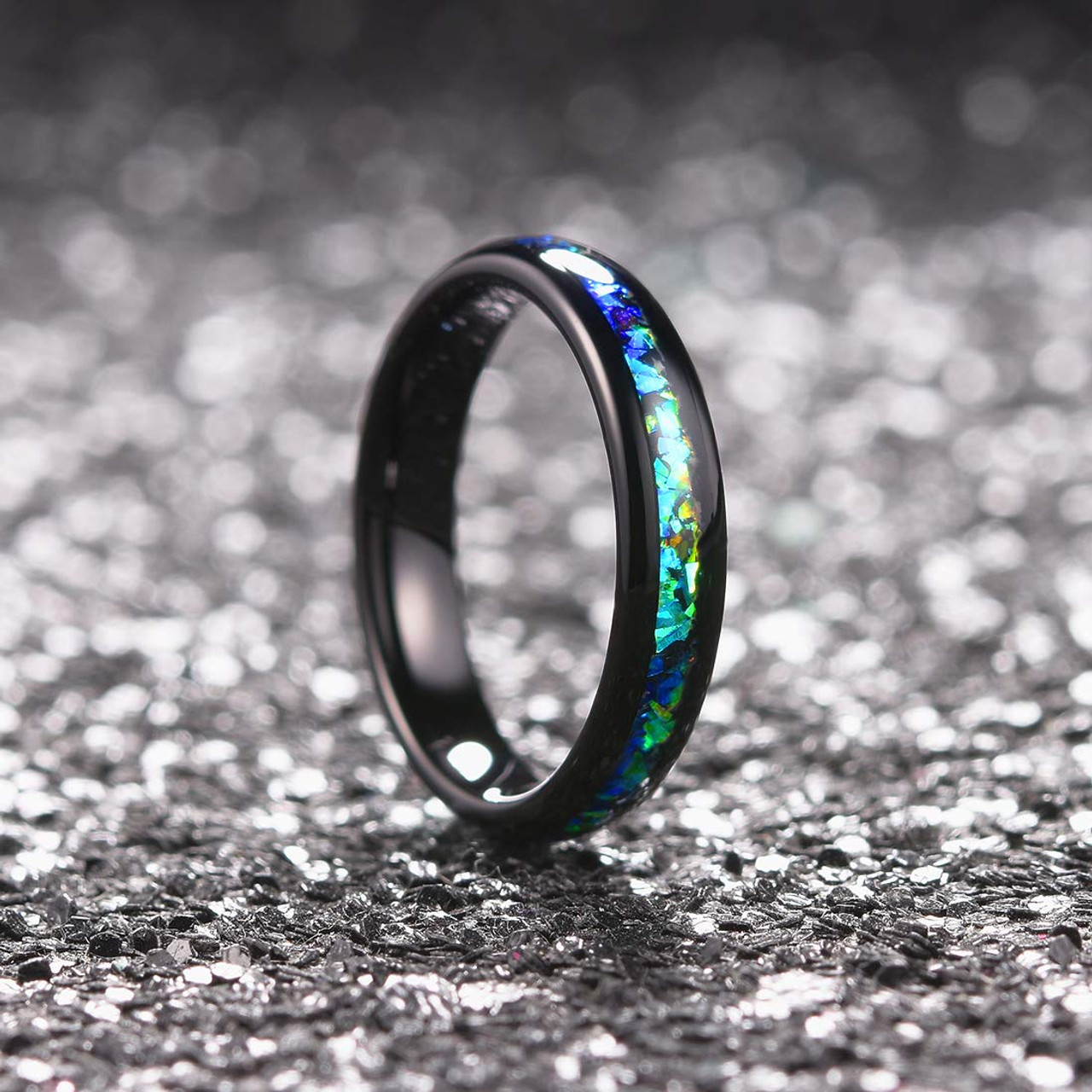 (4mm) Women's Tungsten Carbide Wedding Ring Band - Black Tone with Vibrant Blue and Green Inlay Ring. 