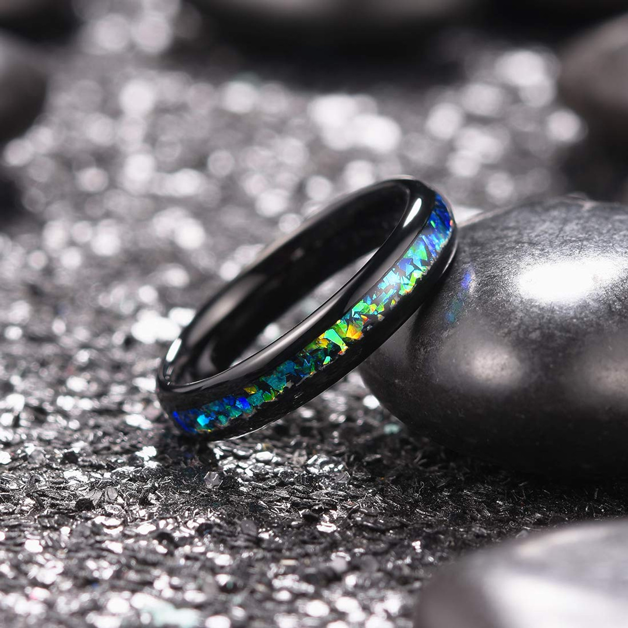 (4mm) Women's Tungsten Carbide Wedding Ring Band - Black Tone with Vibrant Blue and Green Inlay Ring. 