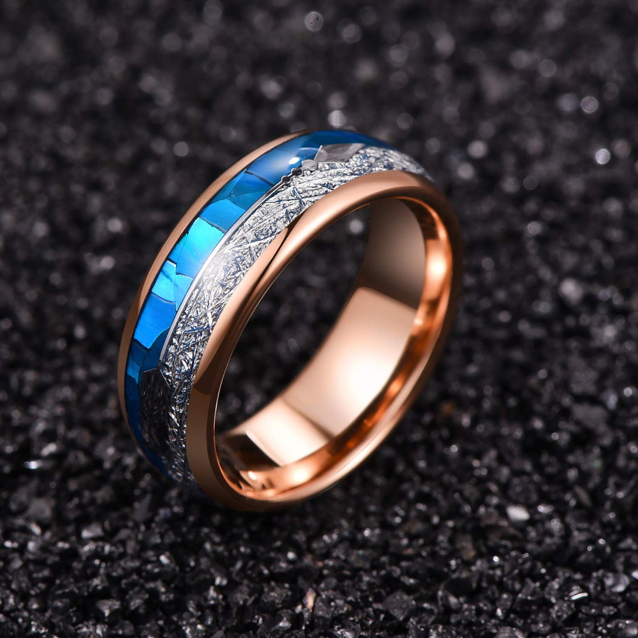 (8mm) Unisex or Men's Tungsten Carbide Wedding ring bands. Rose Gold Tone Band with Cupid's Arrow over Blue Shell and Inspired Meteorite Inlay. Tungsten Carbide Domed Top Ring.