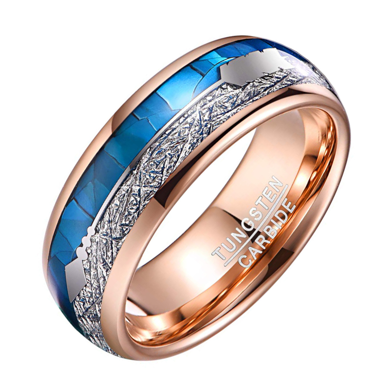 (8mm) Unisex or Men's Tungsten Carbide Wedding ring bands. Rose Gold Tone Band with Cupid's Arrow over Blue Shell and Inspired Meteorite Inlay. Tungsten Carbide Domed Top Ring.