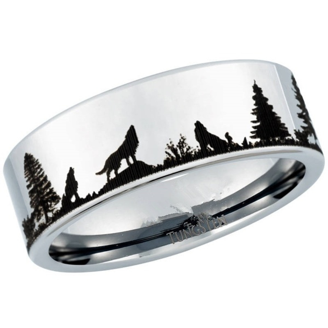 (8mm) Unisex or Men's Hunting Outdoorsmen Ring / Wolves Howling at Moon - Wedding ring band. Silver Tungsten Carbide Band with Wolf Howling Laser Design. 