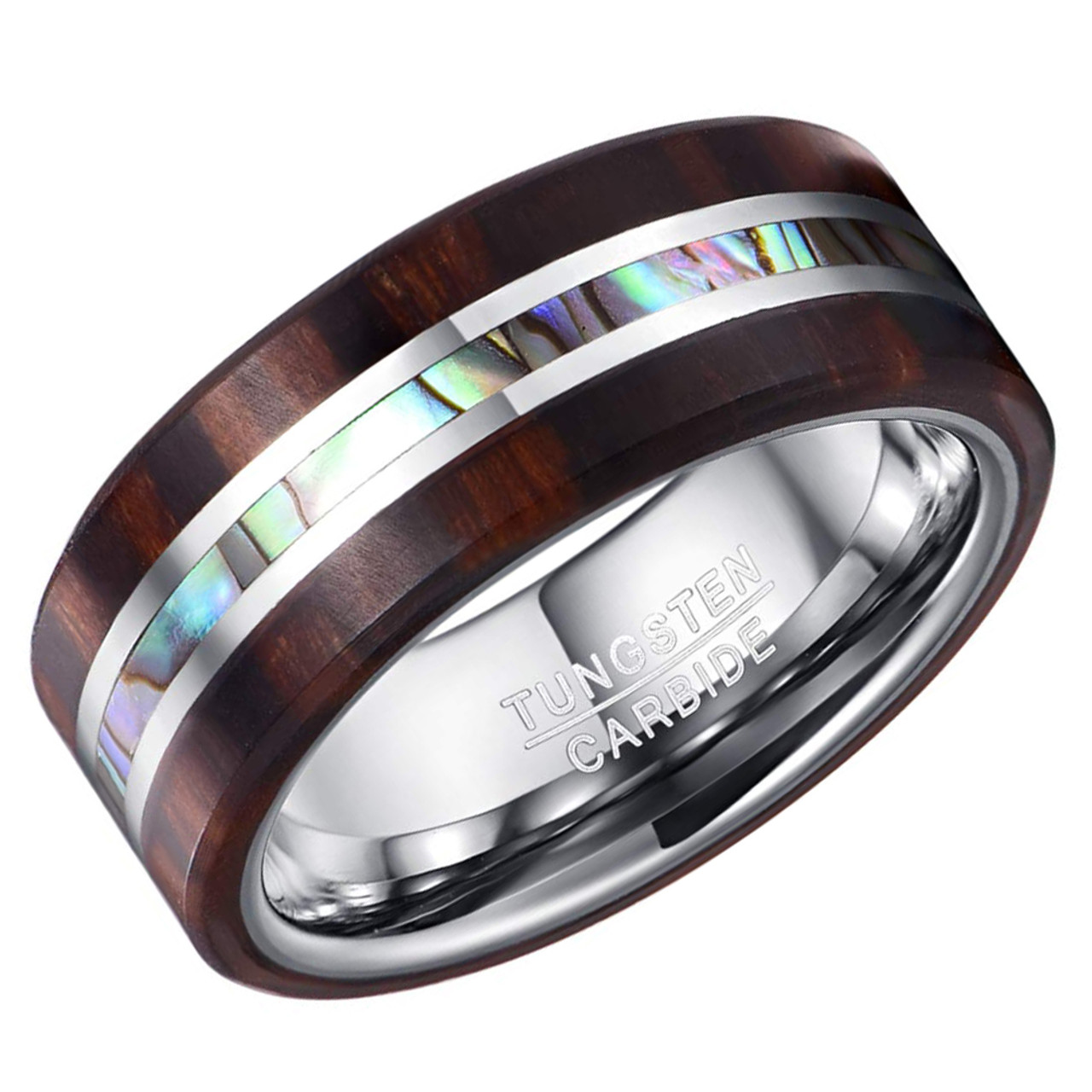 (8mm) Unisex or Men's Tungsten Carbide Wedding ring band - Wood and Rainbow  Abalone Shell Inlay Ring with Silver Tones.