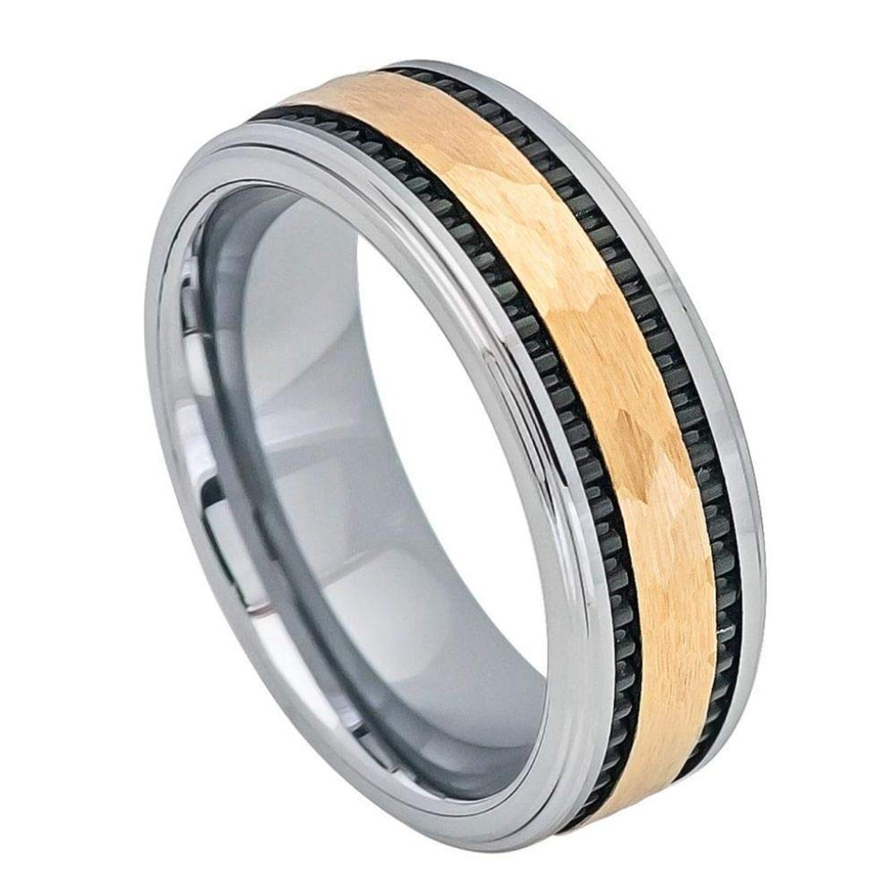 (8mm)  Unisex or Men's Hammered Tungsten Carbide Wedding ring band. Three Tone - Silver with Hammered Gold and Black Inlay - Tungsten Carbide Ring
