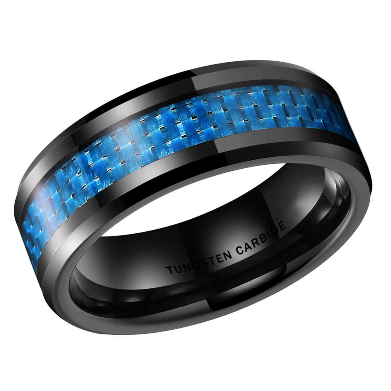 (8mm) Unisex or Men's Tungsten Carbide Wedding Ring Bands. Black Ring with Sky Blue Carbon Fiber Inlay.