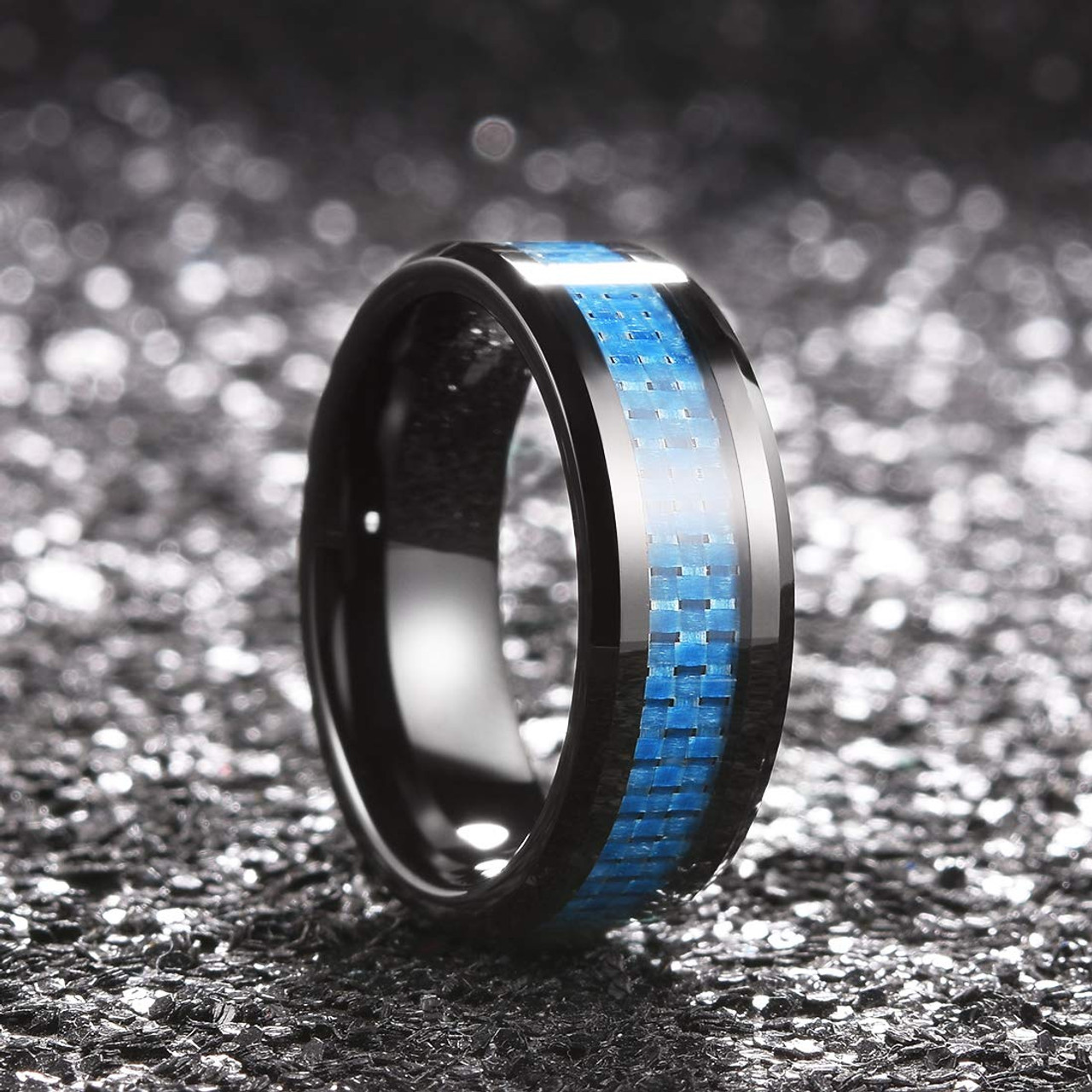 (8mm) Unisex or Men's Tungsten Carbide Wedding Ring Bands. Black Ring with Sky Blue Carbon Fiber Inlay.