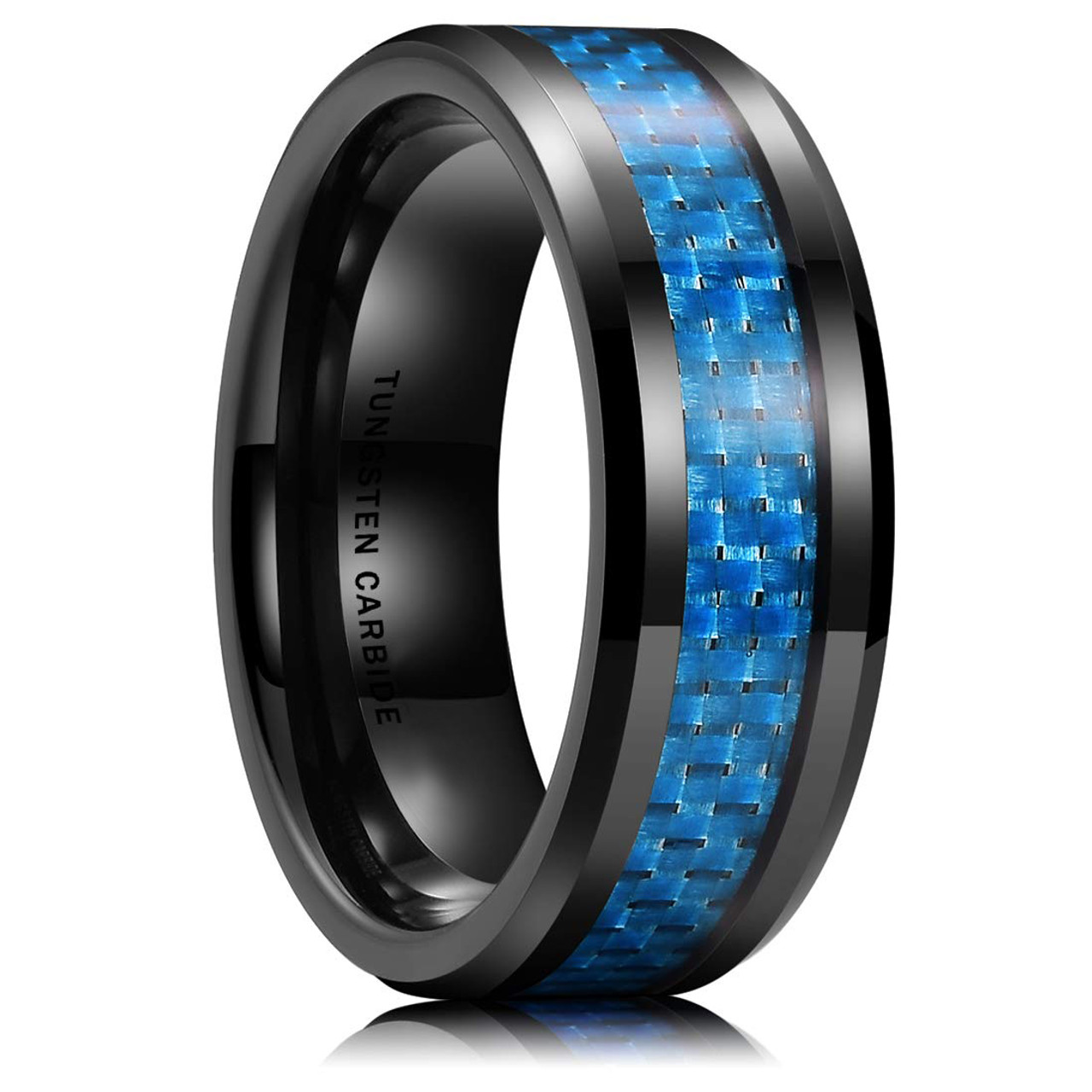 (8mm) Unisex or Men's Tungsten Carbide Wedding Ring Bands. Black Ring with Sky Blue Carbon Fiber Inlay.