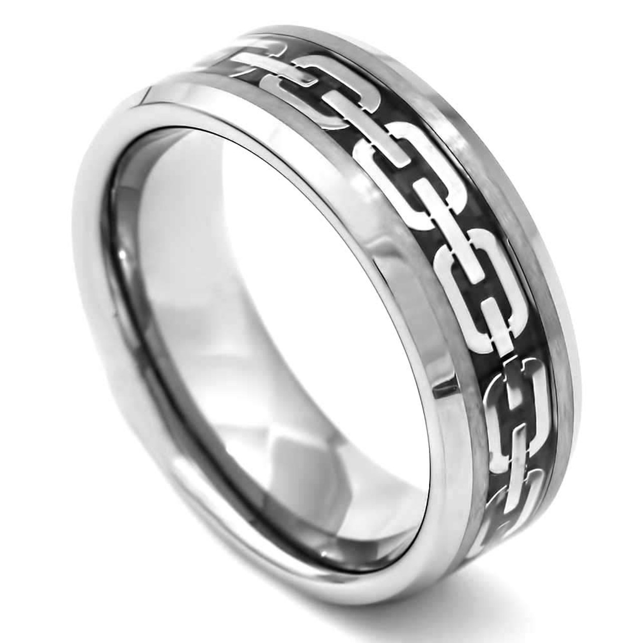 (8mm) Unisex or Men's Chain Link Tungsten Carbide Wedding Ring Band. Silver Band and Chain with Black Resin Inlay.