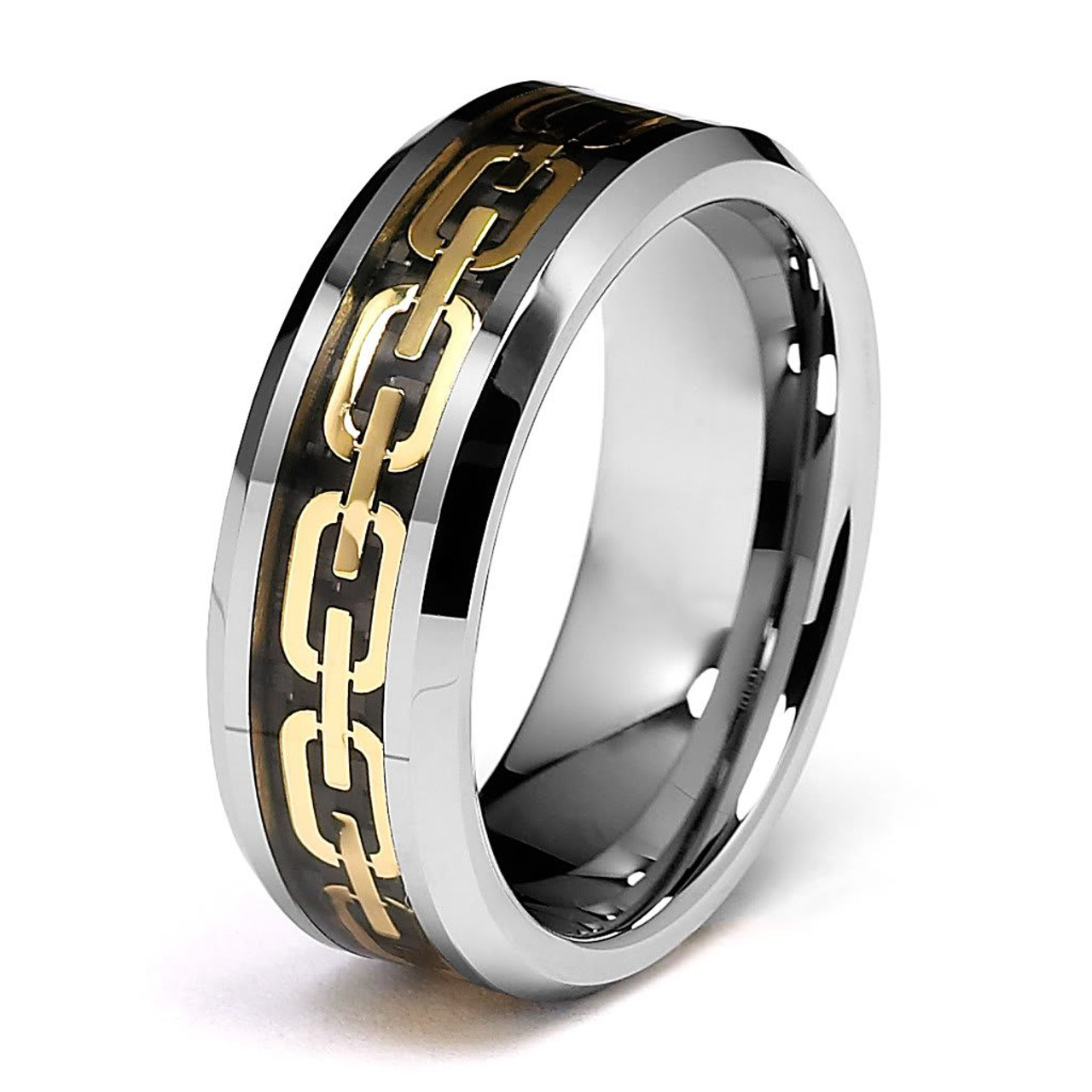 (8mm) Unisex or Men's Chain Link Tungsten Carbide Wedding Ring Band. Silver  Band with Gold Chain and Black Resin Inlay.