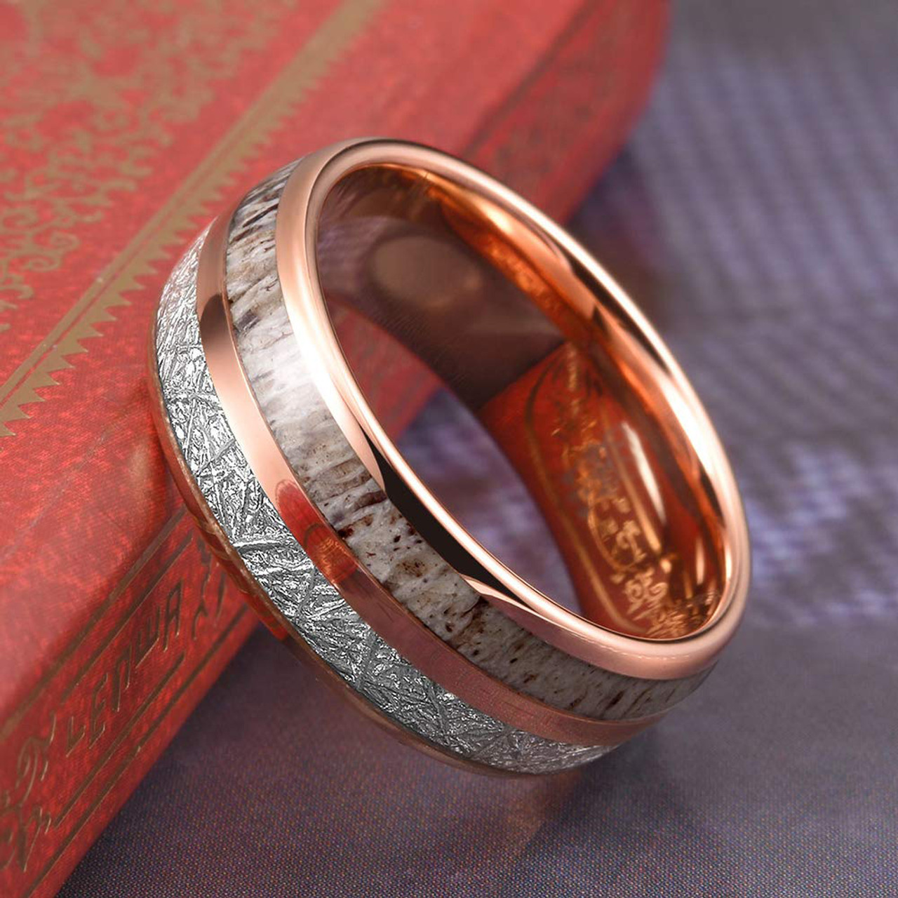 (8mm)  Unisex or Men's Wedding Tungsten Carbide Wedding ring band. Rose Gold Tungsten Carbide Band with Antler Inlay and Inspired Meteorite. Domed Tungsten Carbide Ring. Comfort Fit