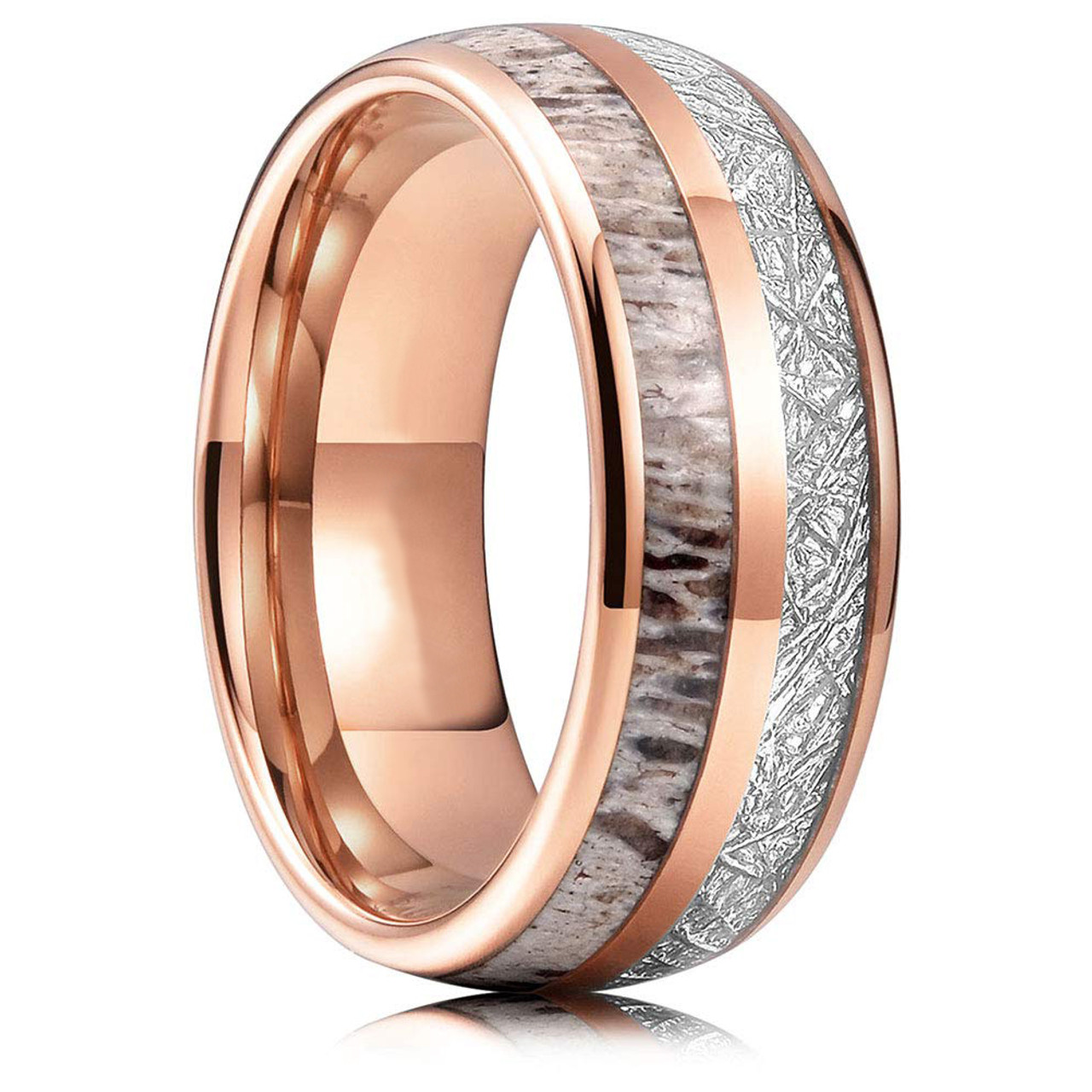 (8mm)  Unisex or Men's Wedding Tungsten Carbide Wedding ring band. Rose Gold Tungsten Carbide Band with Antler Inlay and Inspired Meteorite. Domed Tungsten Carbide Ring. Comfort Fit