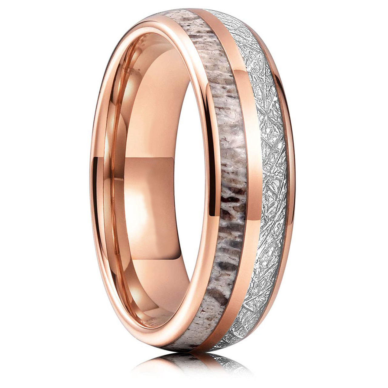 (6mm)  Unisex or Women's Wedding Tungsten Carbide Wedding ring band. Rose Gold Tungsten Carbide Band with Antler Inlay and Inspired Meteorite. Domed Tungsten Carbide Ring. Comfort Fit