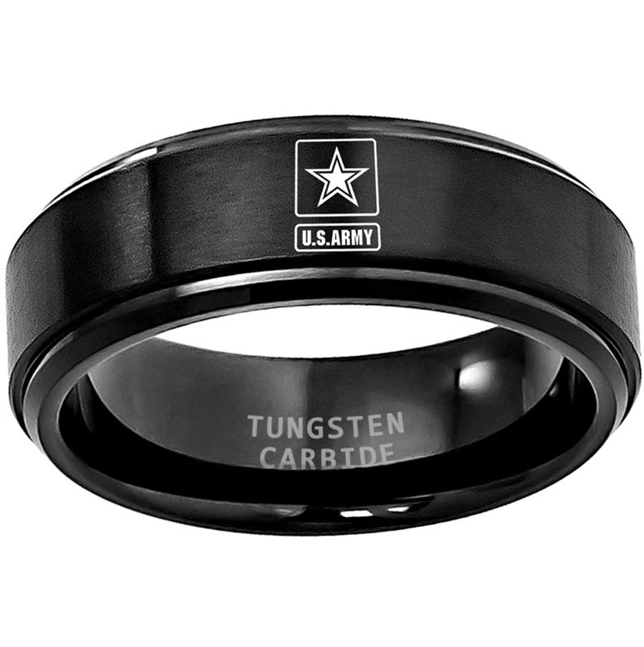 (8mm) - Unisex or Men's U.S. Army Tungsten Carbide Wedding ring band. Military Wedding ring bands. Black Band with Laser Etched United States Army Star Logo. Matte Finished Top.