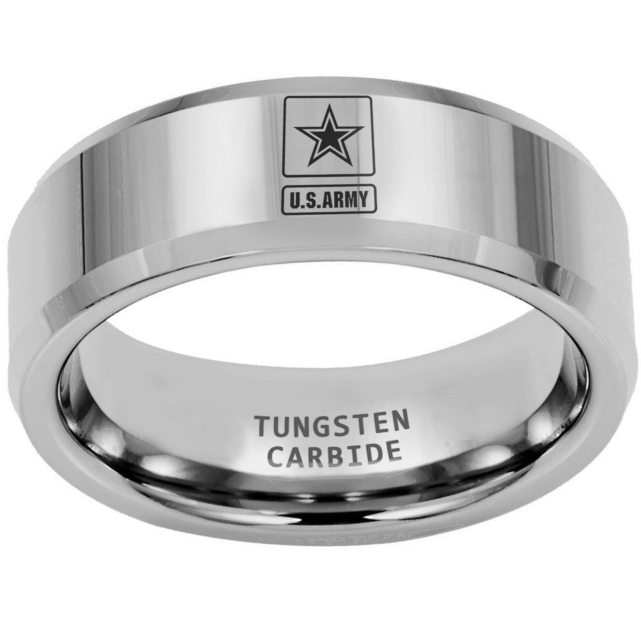 (8mm) Unisex or Men's U.S. Army Tungsten Carbide Wedding ring band. Military Wedding ring bands. Beveled Silver Band with Laser Etched United States Army Star Logo. 