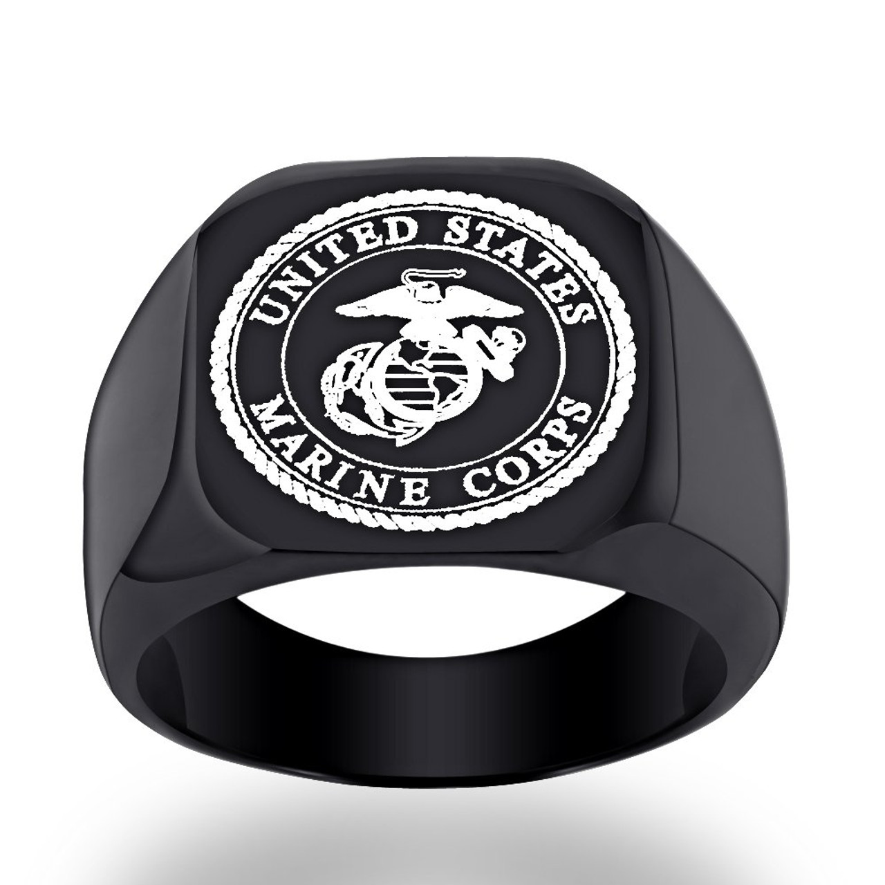 (8mm) Unisex or Men's U.S. Marines / USMC Marine Corps. Black Steel Wedding ring band. Military Wedding ring bands. Light Color Laser Etched United States Marines Logo