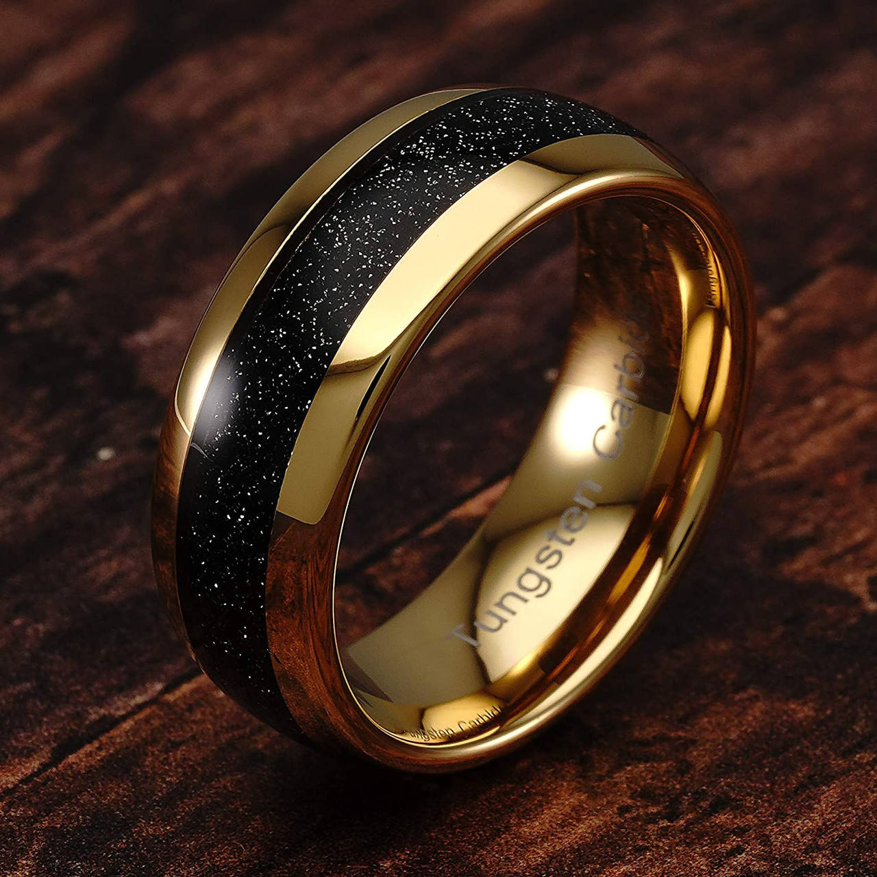 (8mm) Unisex or Men's Black and 14 Karat Gold Dome Top Tungsten Carbide Wedding Ring Band