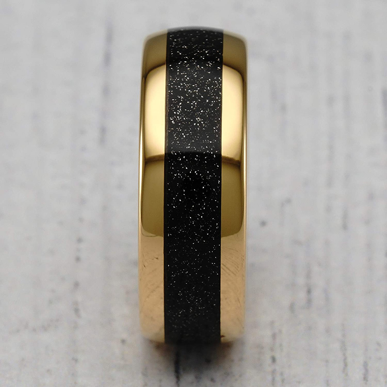(8mm) Unisex or Men's Black and 14 Karat Gold Dome Top Tungsten Carbide Wedding Ring Band