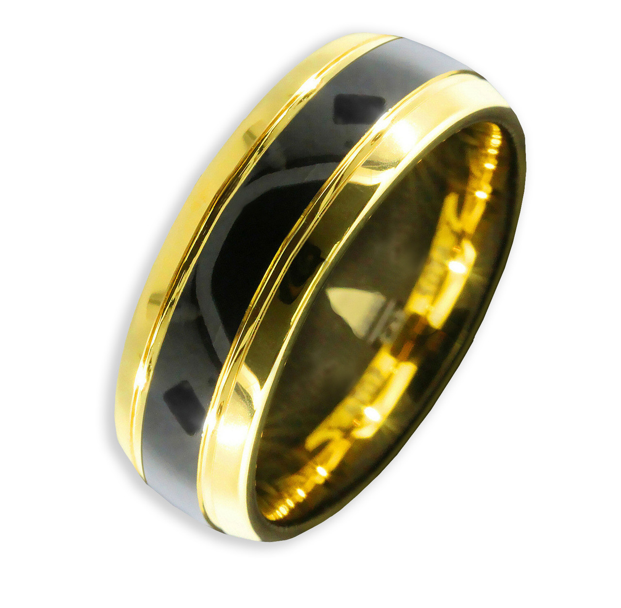 (8mm) Unisex or Men's Gold and Black Dome Gunmetal Tungsten Carbide Wedding Ring Band