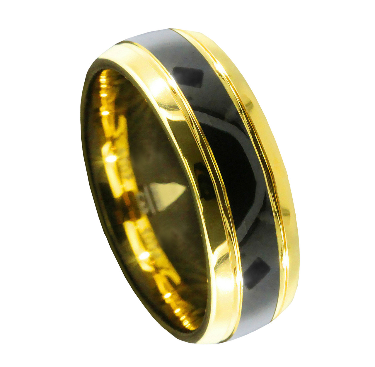 (8mm) Unisex or Men's Gold and Black Dome Gunmetal Tungsten Carbide Wedding Ring Band