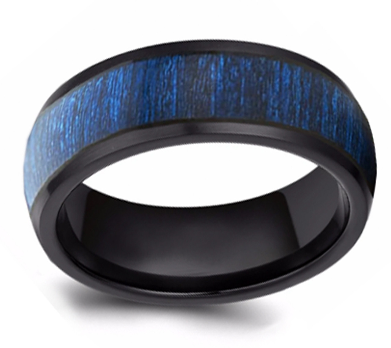 (8mm) Unisex or Men's Tungsten Carbide Wedding ring bands. Black Band and Blue Wood Inlay. High Polish Domed Top Tungsten Carbide Ring
