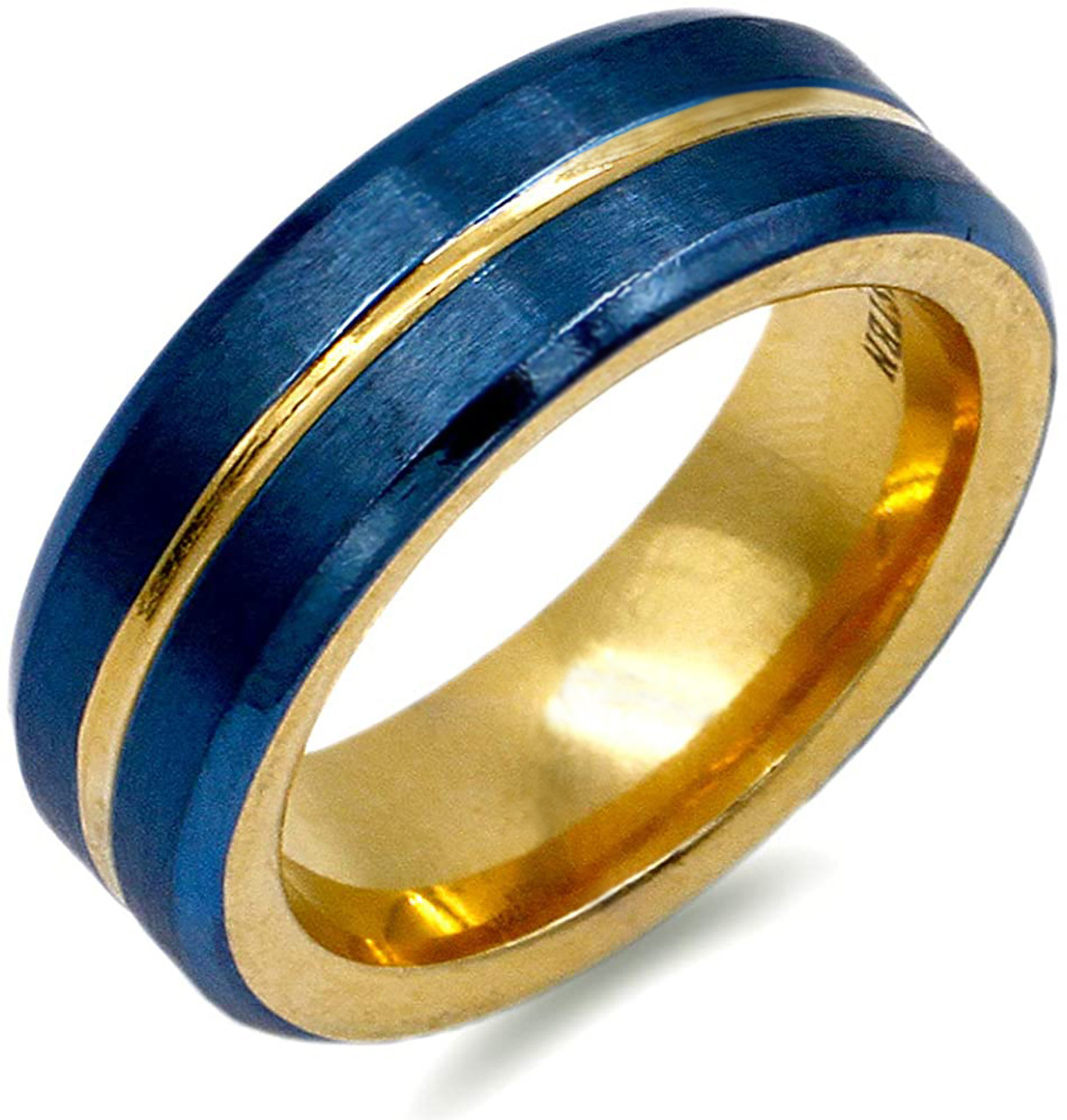 (8mm) Unisex or Men's Steel Wedding Ring Band. Matte Finish Blue Band with Yellow Gold Groove. High Polish Inside Gold Tone.