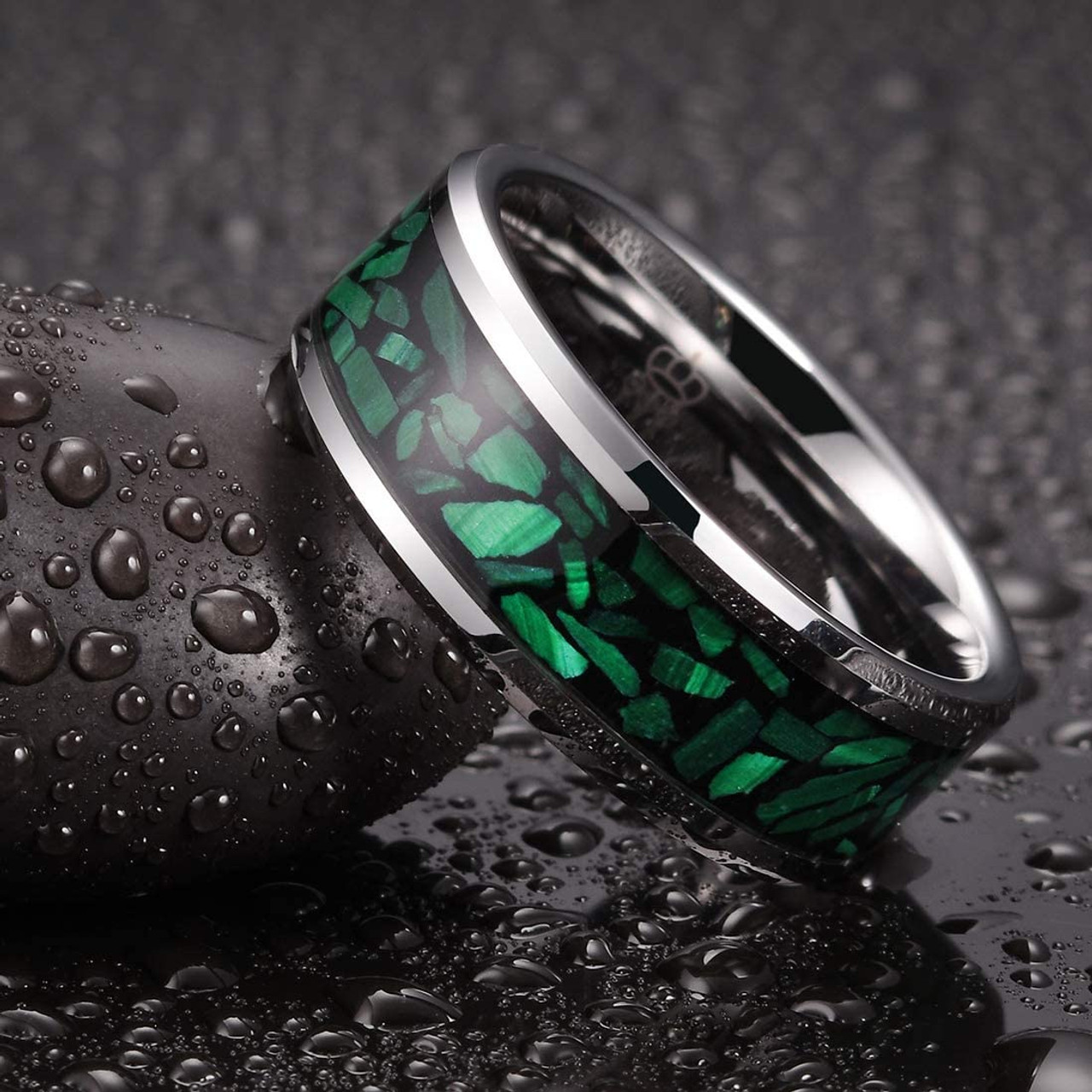 (8mm) Unisex or Men's Green Malachite Inlay Steel Wedding ring band Ring. Silver Tone Ring Comfort Fit.