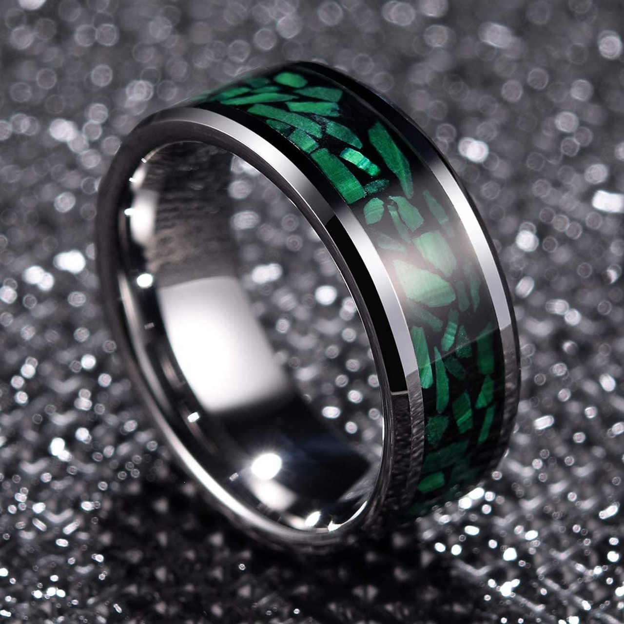 (8mm) Unisex or Men's Green Malachite Inlay Steel Wedding ring band Ring. Silver Tone Ring Comfort Fit.