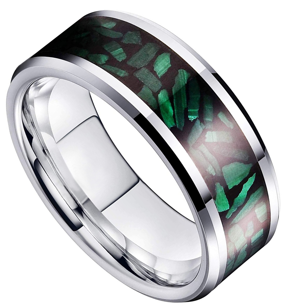 (8mm) Unisex or Men's Green Malachite Inlay Steel Wedding ring band Ring. Silver Tone Ring Comfort Fit.