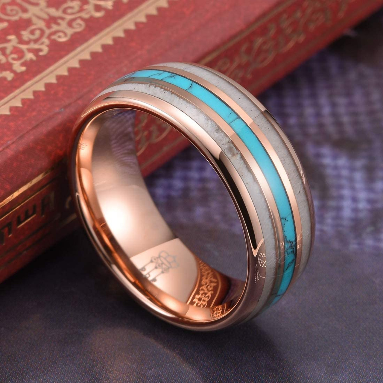 (8mm) Unisex or Men's Tungsten Carbide Wedding Ring Band - Rose Gold Band Blue Turquoise, Racing Stripes and White Antler Inlay Ring. 