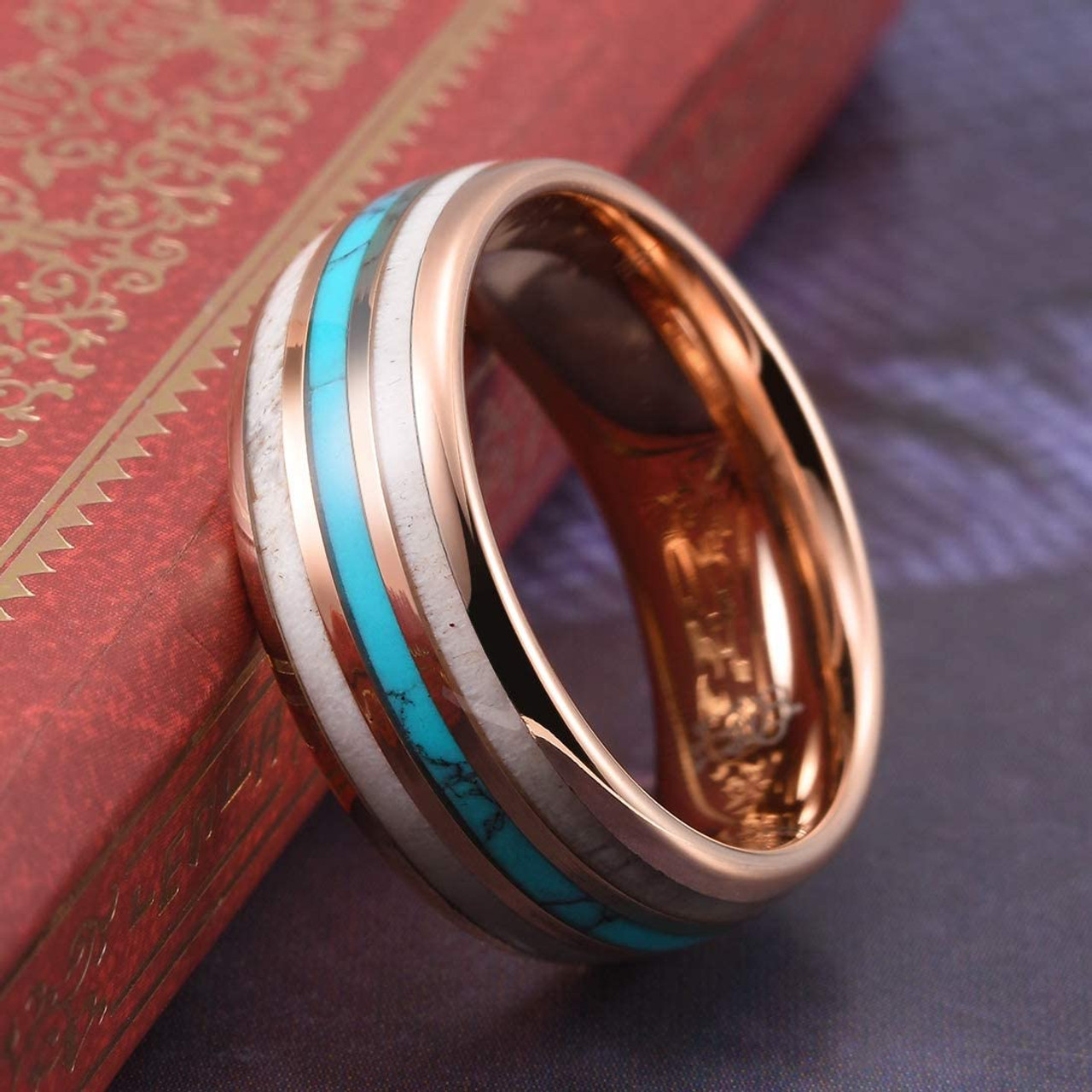 (8mm) Unisex or Men's Tungsten Carbide Wedding Ring Band - Rose Gold Band Blue Turquoise, Racing Stripes and White Antler Inlay Ring. 