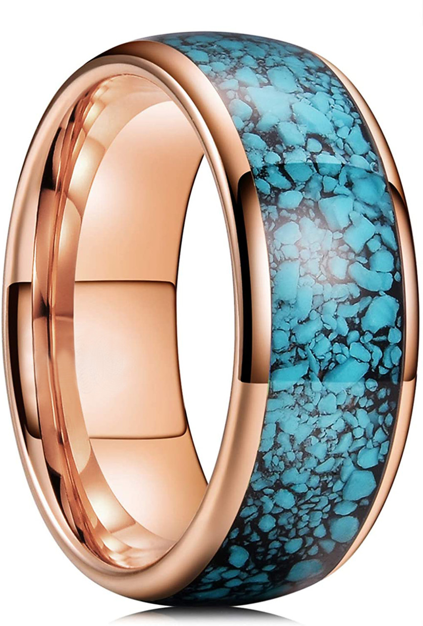 (8mm) Unisex or Men's Blue Turquoise Inlay Tungsten Carbide Wedding Ring Band. Rose Gold Domed Style Tungsten Carbide Ring Comfort Fit.